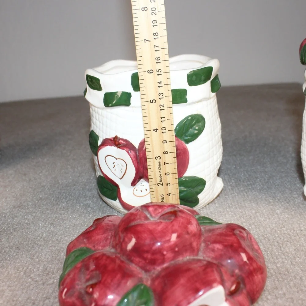 Vintage 9pc Ceramic Apple Canister Set Basketweave Napkin Holder Shakers Creamer